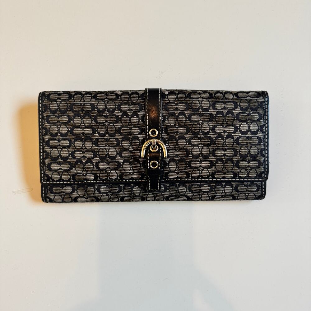Coach Signature Tri-Fold Long Wallet Silver Buckle Vintage Envelope Logo Canvas